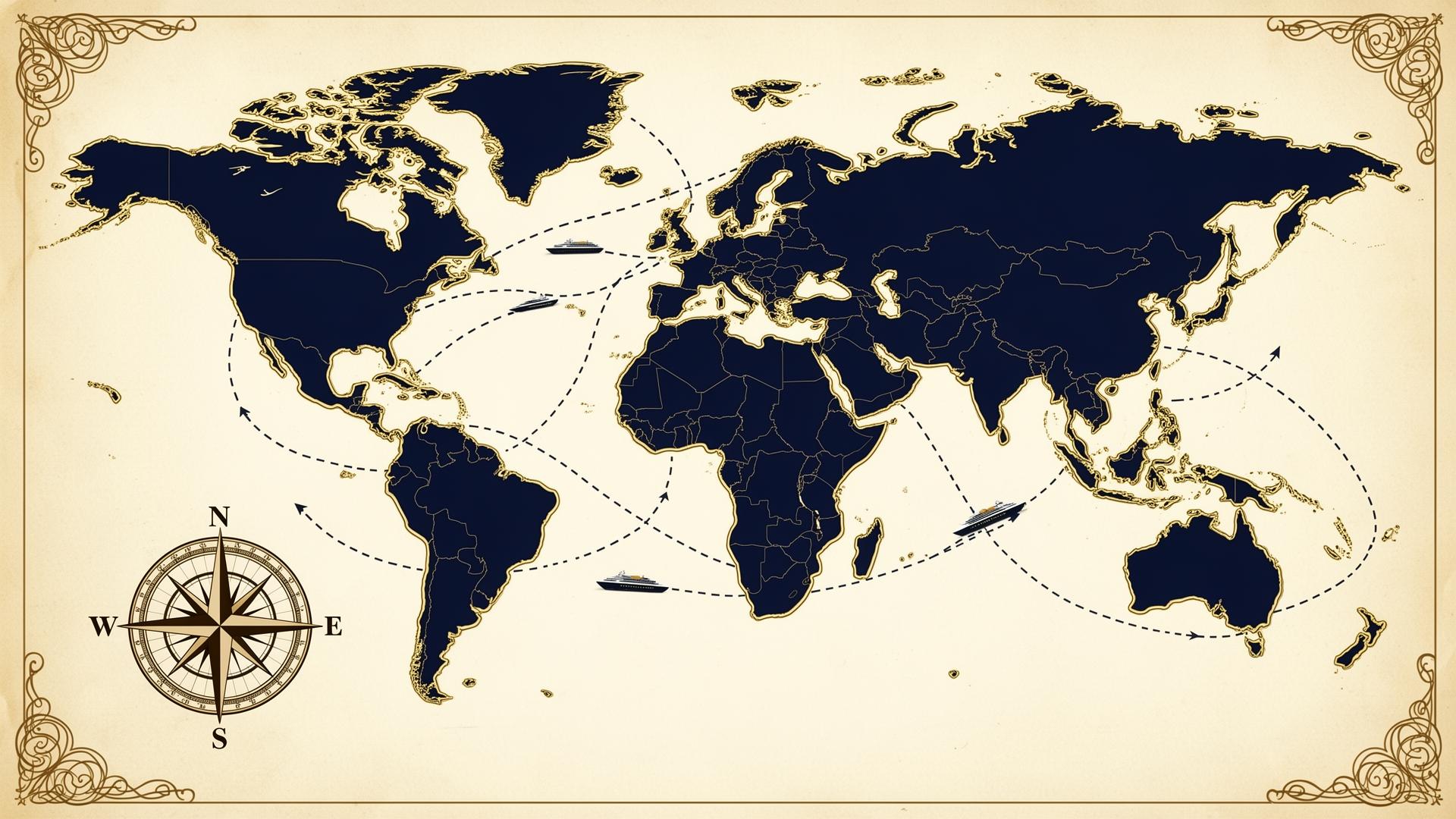 Mapa-múndi com rotas de cruzeiros
